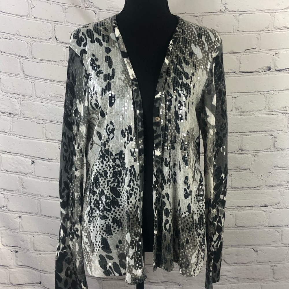 Chico’s: Sequin Animal Print Cardigan button up  Sweater. Size(L)